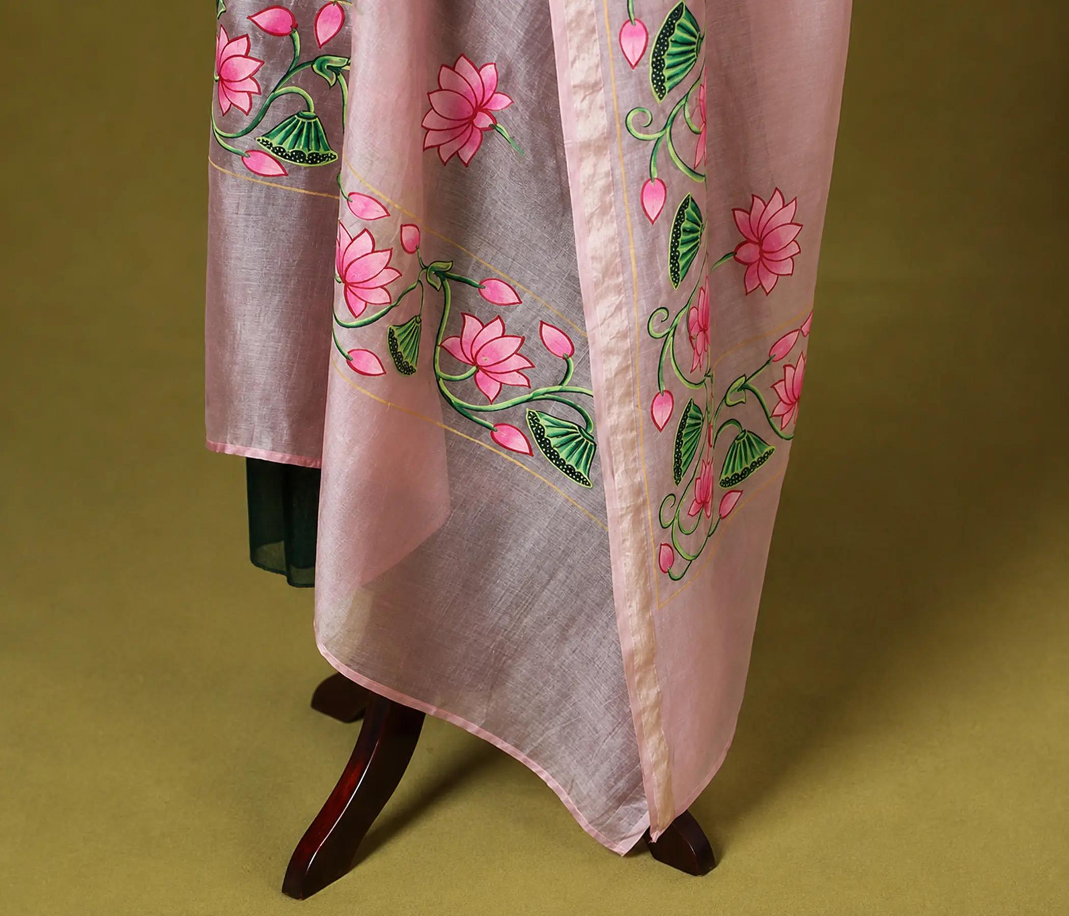 Hand Painted Blush Pink Organza Dupatta with Lotus Floral Vine Art